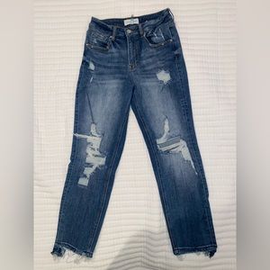 Risen Distressed Straight Leg Jeans